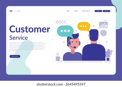 Ilustración vectorial de un concepto de Servicio al cliente con figura de auriculares, burbujas de discurso y un diseño de Sitio web moderno con temas de oficina
