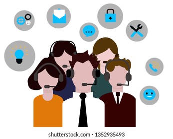 Vector illustration, customer service group,  hot line operator advises client, online global technical support , customer and operator