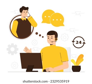 Vector illustration customer service with headset talking with clients. Customer service call center hotline