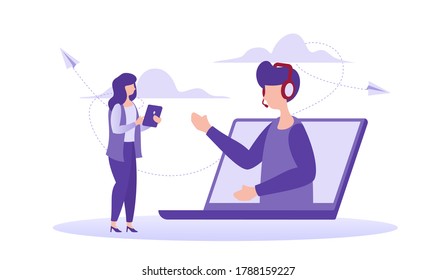 Ilustración vectorial del operador de línea directa de servicio al cliente.  Soporte técnico Concepto de negocio, metáfora de equipo, diseño plano