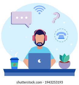 Vector illustration of customer service, hotline operator consulting customer with headset on computer, serving well, Call center, call processing system.