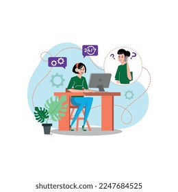 Ilustración de vectores, servicio al cliente, operador de línea directa de niñas consulta a un cliente, soporte técnico en línea 