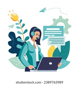 Vector illustration, customer service, hotline operator girl advises a customer through a laptop. Man, conference woman, green, background. Online global technical support 24-7, customer and operator
