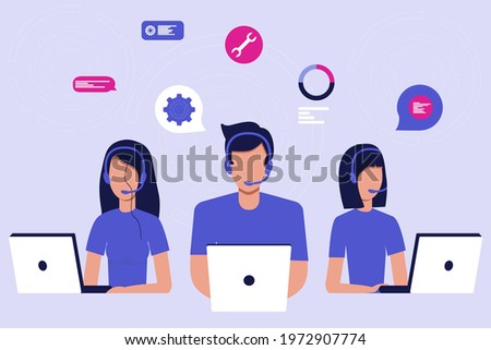Vector illustration. Customer service, hotline operators consult customers with headsets on computers, 247 global online technical support, Call center, call processing system.