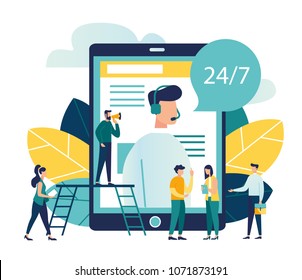 Vector illustration, customer service, male hotline operator advises client, online global technical support 24/7, customer and operator vector