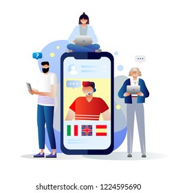 Vector illustration, customer service, male hotline operator advises client in different languages, online global technical support 24/7 in multilingual languages, customer and operator. Characters.