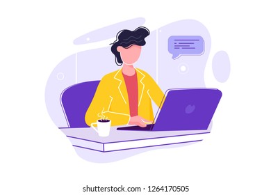 Vector illustration, customer service, male hotline operator advises client, online global technical support 24/7, customer and operator. Chating. Surf internet