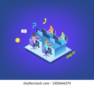 Vector illustration, customer service, male hotline operator advises client, online global technical support 24/7, customer and operator - Vector