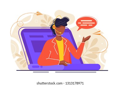 Vector illustration, customer service, male hotline operator advises client, online global technical support 24/7, customer and operator