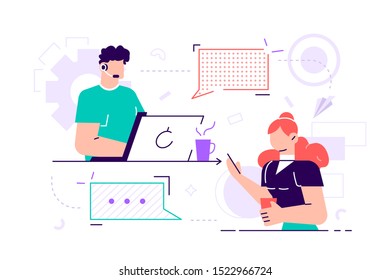 Vector illustration. Customer service, male hotline operator advises client, online global technical 24\7 customer and operator support. Flat style vector illustration for web page, social media