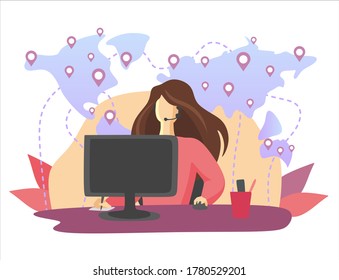 Vector illustration, customer service, male hotline operator advises client, online global technical support 24/7, customer and operator. World support team. For business and company. Web template