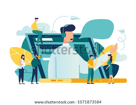 Vector illustration, customer service, male hotline operator advises client, online global technical support 24/7, customer and operator vector