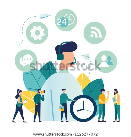 Vector illustration, customer service, male hotline operator advises client, online global technical support 24/7, customer and operator