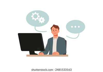 Vektorillustration eines Kundenservice-Vertreters an einem Rechner mit Sprechblasen, die Zahnräder und Ellipsen zeigen. Ideal für Kommunikation, Tech-Support und Kundenservice.