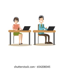 Vector illustration of customer service representatives male and female at work. Bank people concept flat style design elements, icons isolated on white background.