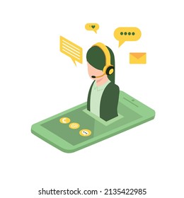 Vector illustration of Customer service support concept. Flat 3d isometric businessman hand holding smartphone with female call center icon.