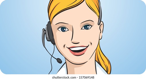 Vector illustration of customer support blond woman smiling with headset. Easy-edit layered vector EPS10 file scalable to any size without quality loss. High resolution raster JPG file is included.