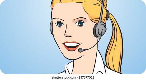 Vector illustration of Customer support blond woman with headset. Easy-edit layered vector EPS10 file scalable to any size without quality loss. High resolution raster JPG file is included.