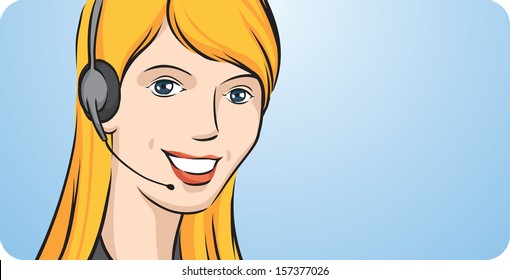 Vector illustration of Customer support blonde woman with headset. Easy-edit layered vector EPS10 file scalable to any size without quality loss. High resolution raster JPG file is included.