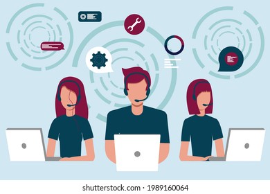 Vector illustration. Customer support, hotline operators advise customers with headsets on computers, 24 7 global online technical support, call center, call processing system.