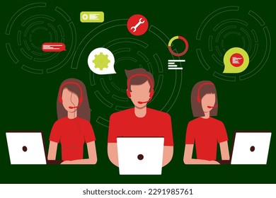 Vector illustration. Customer support, hotline operators advise customers with headsets on computers, 24 7 global online technical support, call center, call processing system.