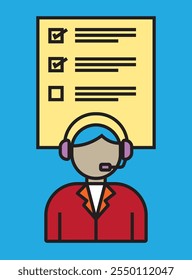 Vektorgrafik eines Kundendienstmitarbeiters, der ein Headset mit einer Checkliste trägt, das Service, Produktivität und Aufgabenmanagement in einem sauberen und modernen Design symbolisiert.