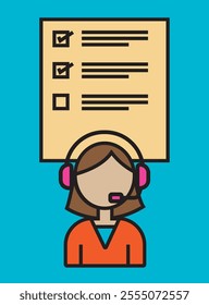 Vector illustration of a customer support representative wearing a headset with a checklist, symbolizing service, productivity, and task management in a clean and modern design.