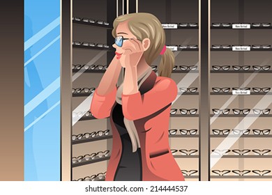A vector illustration of customer trying out frames at a glasses store