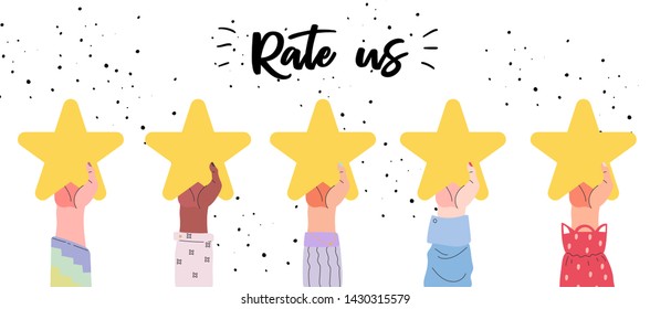 Vector illustration of customers satisfaction review banner. Five golden star rating. Feedback, reputation and quality concept. People comment or choice of a particular service, product or purchase.