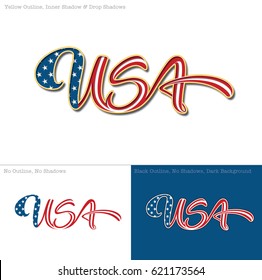 Vector illustration of a Custom-made Lettering of the word "USA" in three versions.  The lettering follows the flow of a waving American flag. All elements neatly on well-defined layers & groups