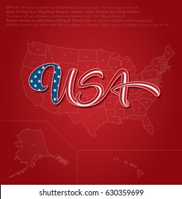 Vector illustration of a custom-made Lettering of the word "USA" over the United States map. The design follows the flow of a waving American flag. All elements neatly on well-defined layers & groups