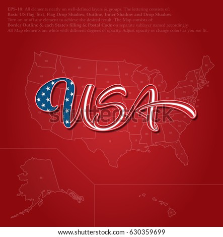 Vector illustration of a custom-made Lettering of the word "USA" over the United States map. The design follows the flow of a waving American flag. All elements neatly on well-defined layers & groups