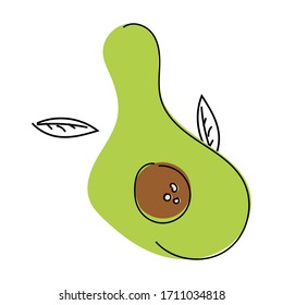 Ilustración vectorial de un aguacate cortado por la mitad con un hueso sobre un fondo blanco.Alimentos saludables. Estilo de vida saludable. Hojas de contorno. Frutas exóticas. Clíparte dibujada a mano.
