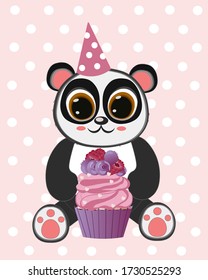 vector illustration cut cartoon panda and muffin. Happy Birthday