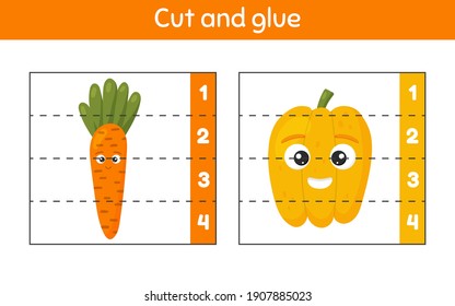 Vector illustration. Cut and glue. Learning numbers. Worksheet for kids kindergarten, preschool and school age. Carrot and pepper.