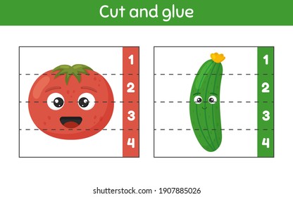 Vector illustration. Cut and glue. Learning numbers. Worksheet for kids kindergarten, preschool and school age. Tomato and cucumber.