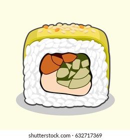 Vector illustration of cut green dragon uramaki sushi roll with eel fish, cucumber, avocado, sesame seeds and cream cheese isolated on a light background.