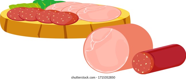 Vector illustration of cut ham and salami,