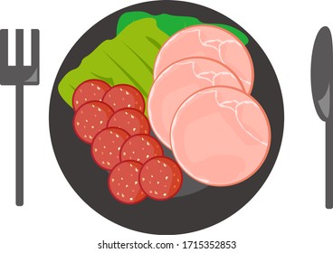 Vector illustration of cut ham and salami,