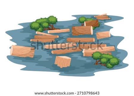 Vector illustration of cut logs and small bushes floating on water, depicting nature and deforestation elements.