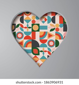Ilustración vectorial con corazón cortado y con un patrón abstracto en el fondo. Fondo con un agujero en forma de corazón. Tarjeta de San Valentín.