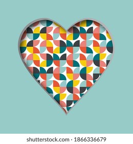Ilustración vectorial con corazón cortado y con un patrón abstracto en el fondo. 