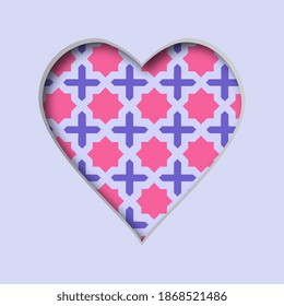 Vektorgrafik mit ausgeschnittenem Herzen und abstraktem Muster im Hintergrund. Valentinstag-Karte.