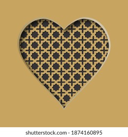 Vektorgrafik mit ausgeschnittenem Herzen und abstraktem Muster im Hintergrund. Valentinstag-Karte. 