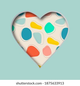 Ilustración vectorial con corazón cortado y con un patrón abstracto en el fondo. Tarjeta de San Valentín. 