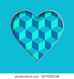 Vektorgrafik mit ausgeschnittenem Herzen und abstraktem Muster im Hintergrund. Valentinstag-Karte. 