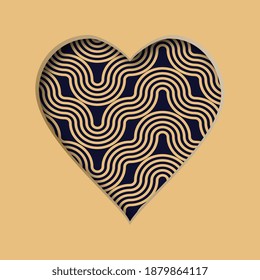 Ilustración vectorial con corazón cortado y con un patrón abstracto en el fondo. Tarjeta de San Valentín. 