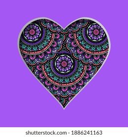 Ilustración vectorial con corazón cortado y con un patrón abstracto en el fondo. Tarjeta de San Valentín. 
