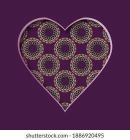 Ilustración vectorial con corazón cortado y con un patrón abstracto en el fondo. Tarjeta de San Valentín. 