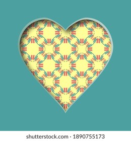 Vector illustration with a cut out heart and with an abstract pattern in the background. Valentines day card. 